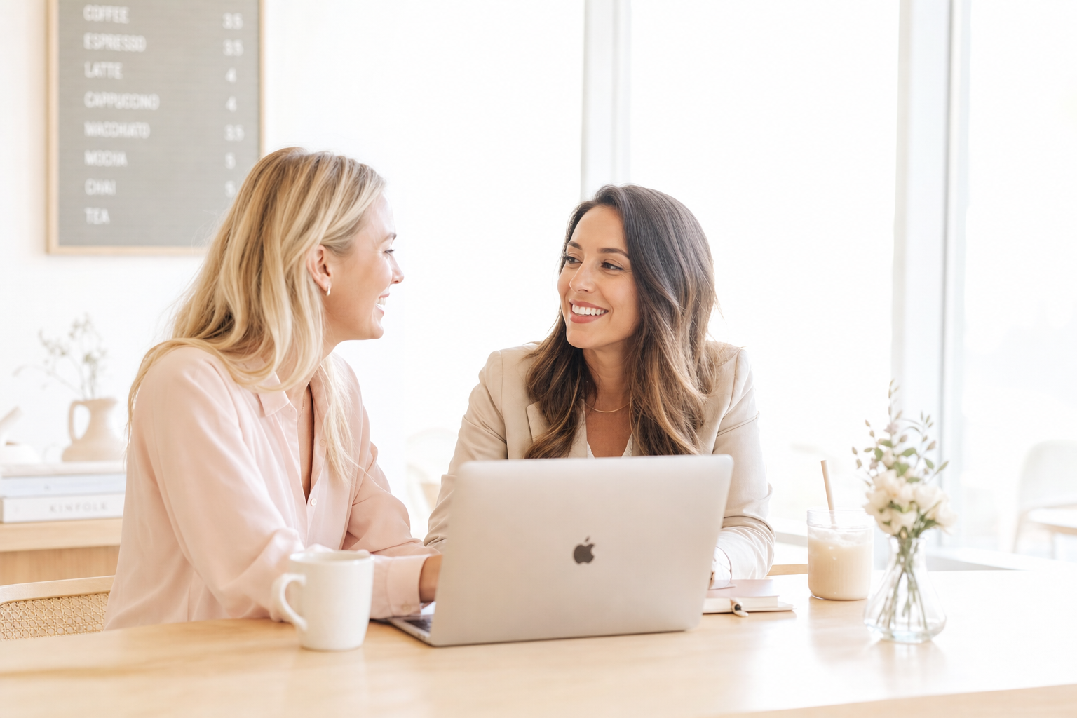 Two women discussing business plans together at a bright, welcoming workspace