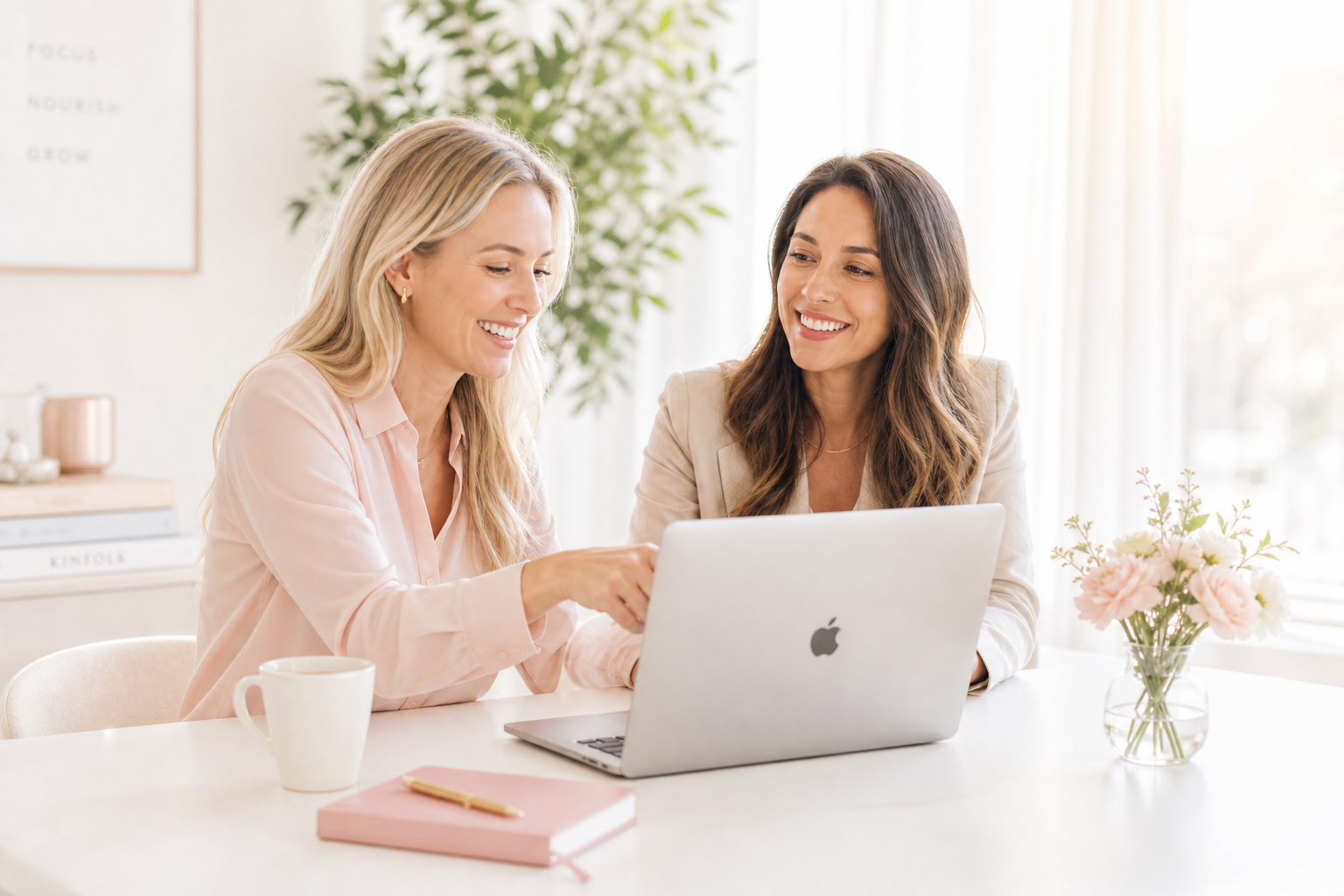 Two women smiling as they review business numbers together on a laptop at a bright white desk
