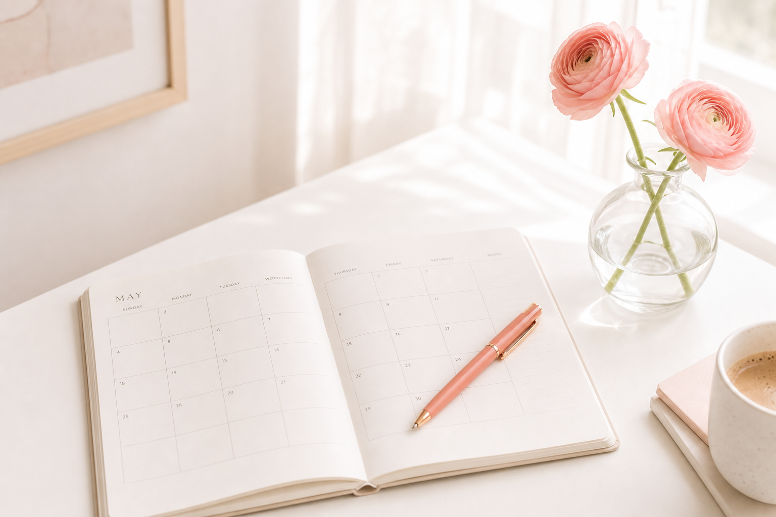 Open paper planner with a coral pen and fresh pink flowers on a bright white desk